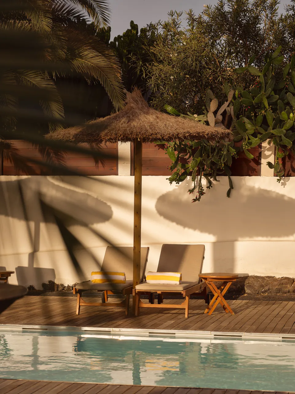 Pool deck with thatched parasols and loungers in late sun