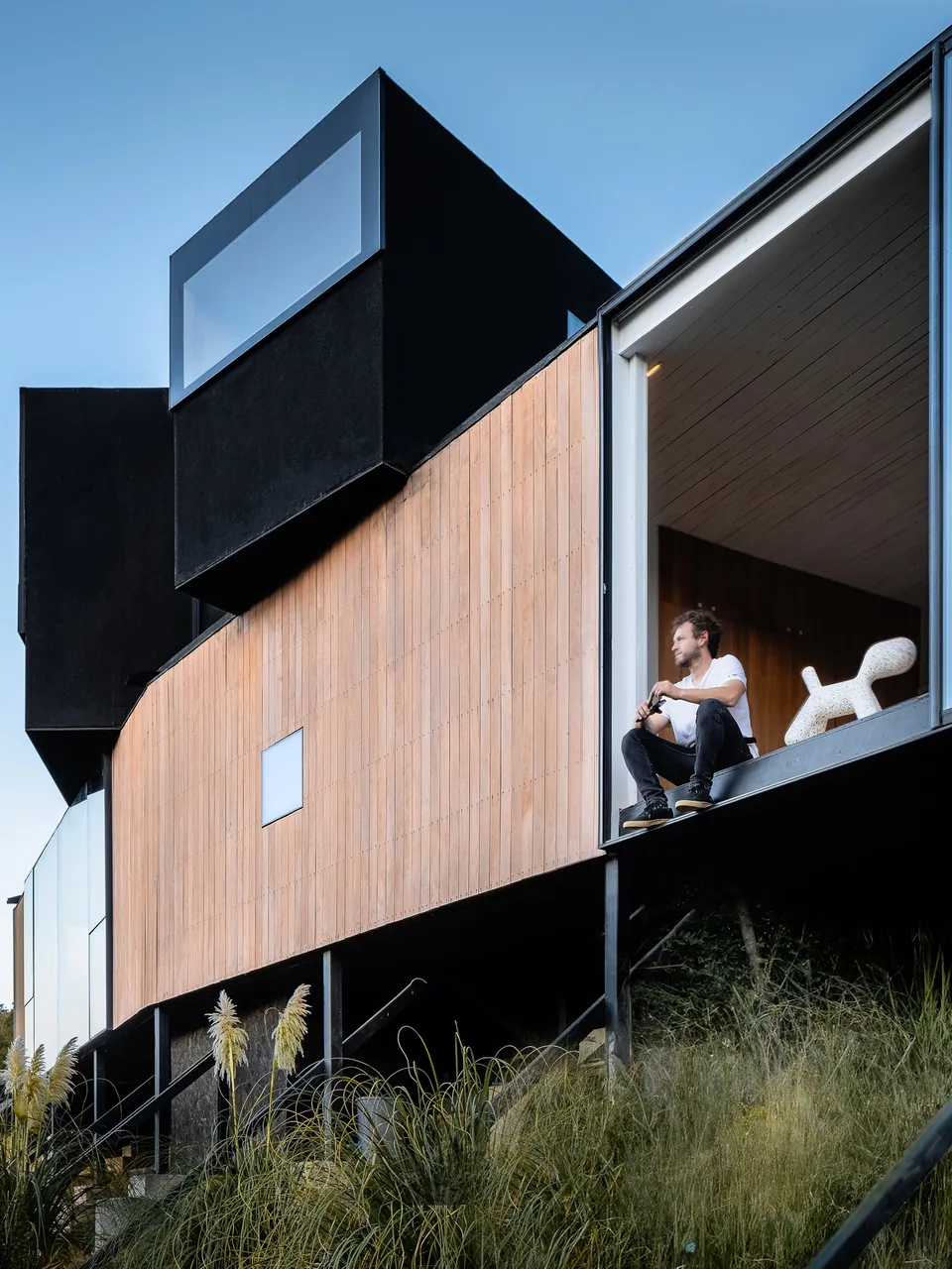 Black and timber house cantilevered over a slope, a figure at the window