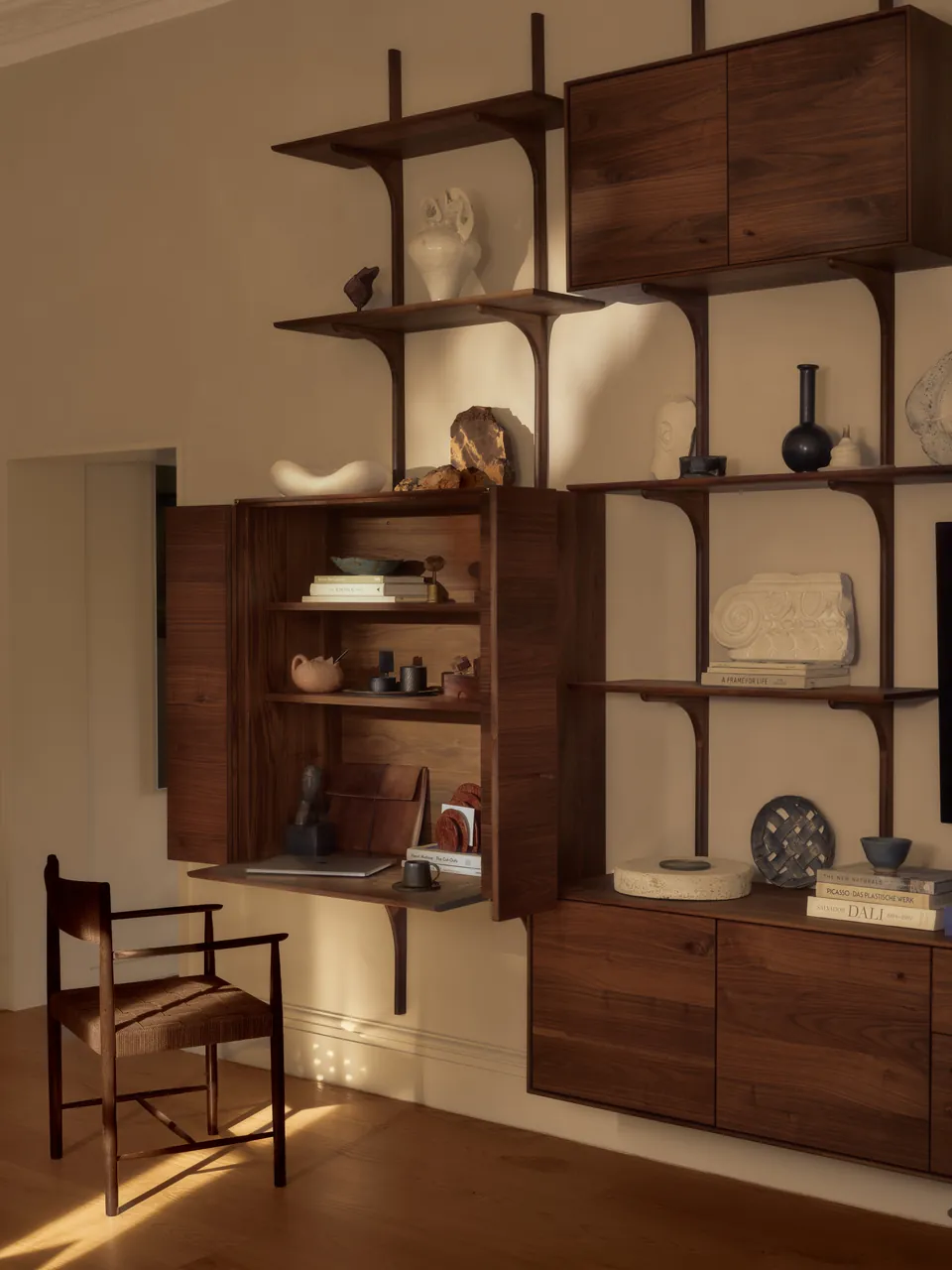 Walnut cabinet open, a desk folded down