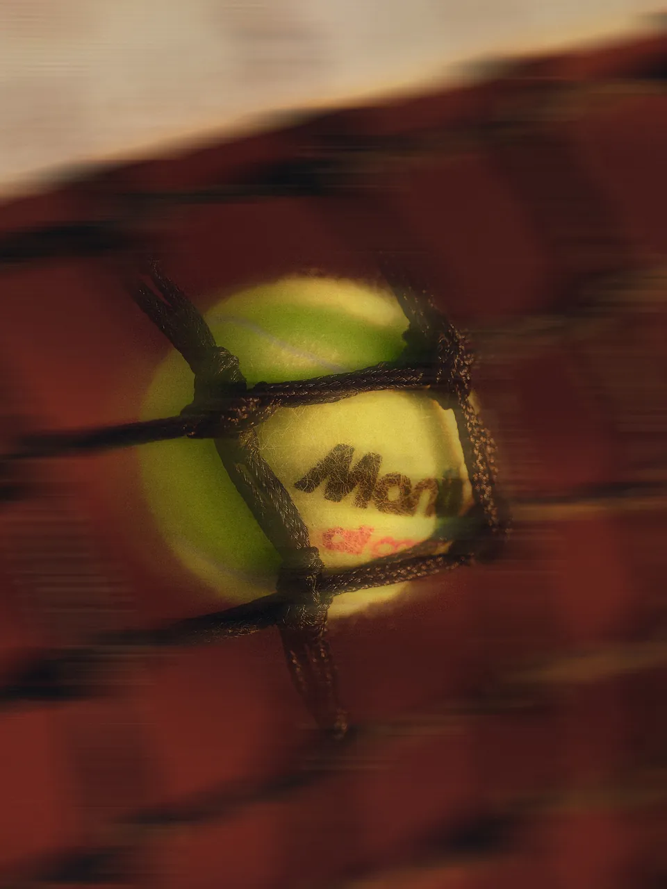 A Mantis ball against the strings of a racket, in motion